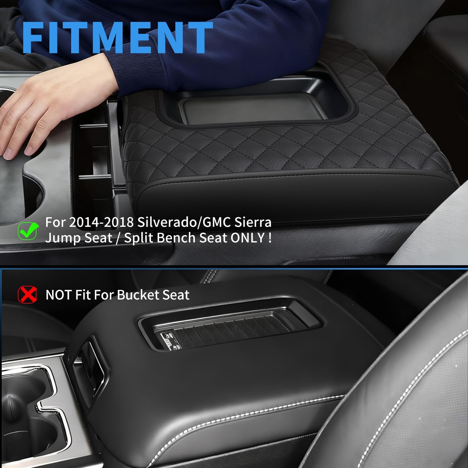 Center Console Cover Compatible with Silverado/Sierra 2014-2018 with 40/20/40 Jump Seat, Premium Leather Armrest Cover Pad, Car Middle Console Cover (ONLY for Split Bench Seat Console)
