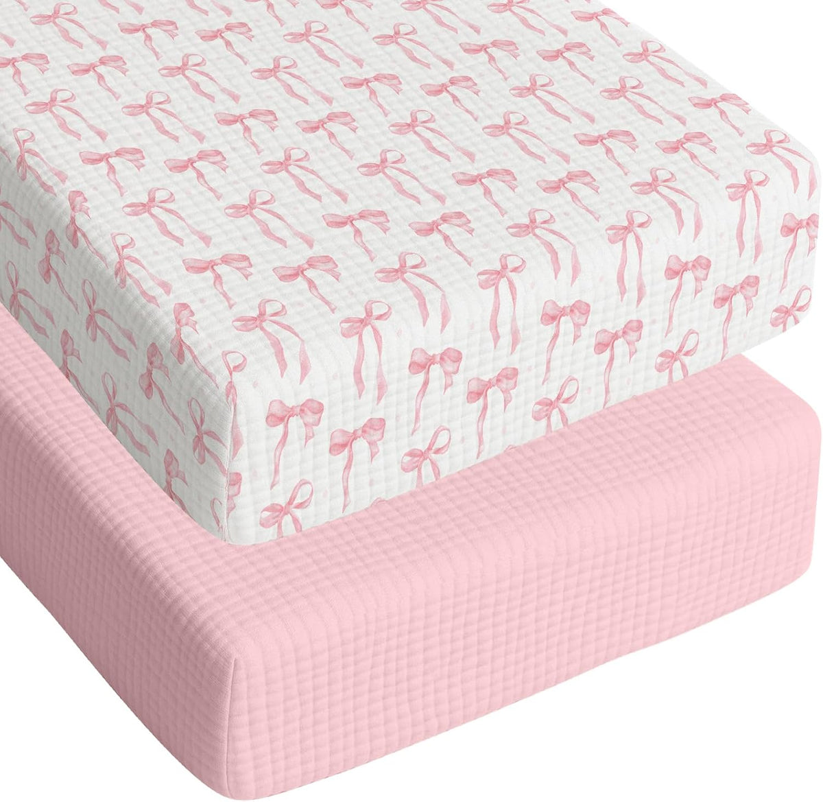 Breling 2 Pcs Muslin Pink and Pink Bow Crib Sheets for Girl, 52"X 28"