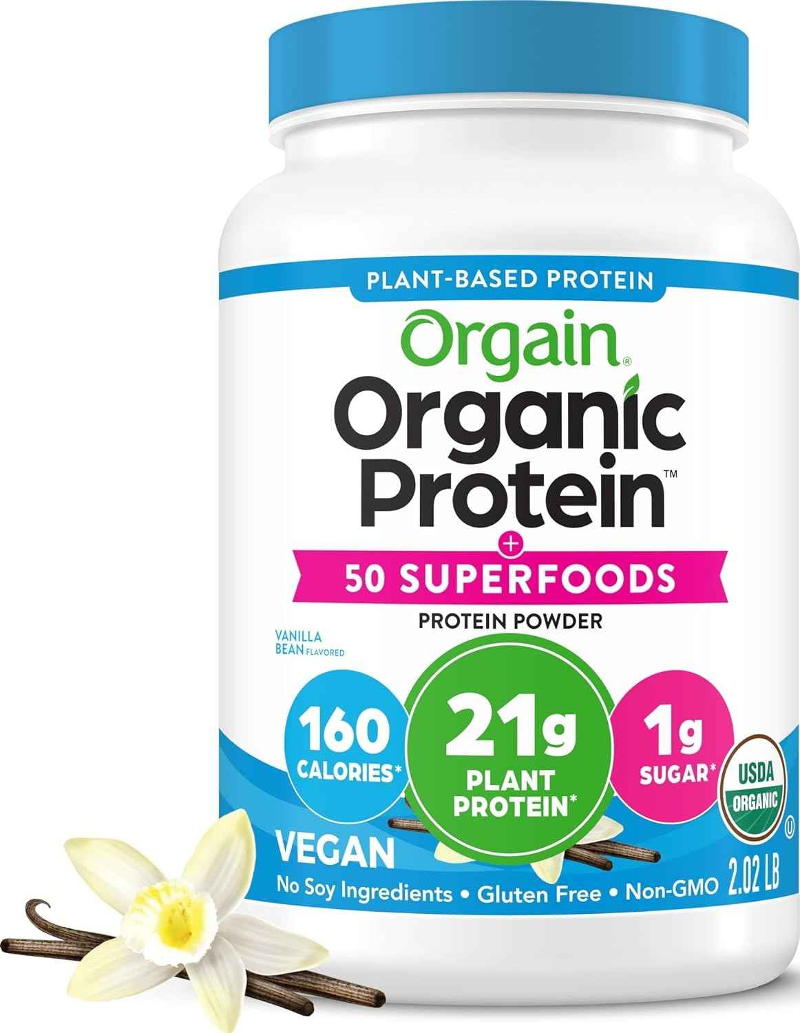 Orgain Organic Vegan 21g Protein + Superfoods Powder, Vanilla Bean, 2.02lb | Plant based protein, 50 superfoods, 8g prebiotic fiber, gluten free, no added sugar, non-GMO, no lactose ingredients