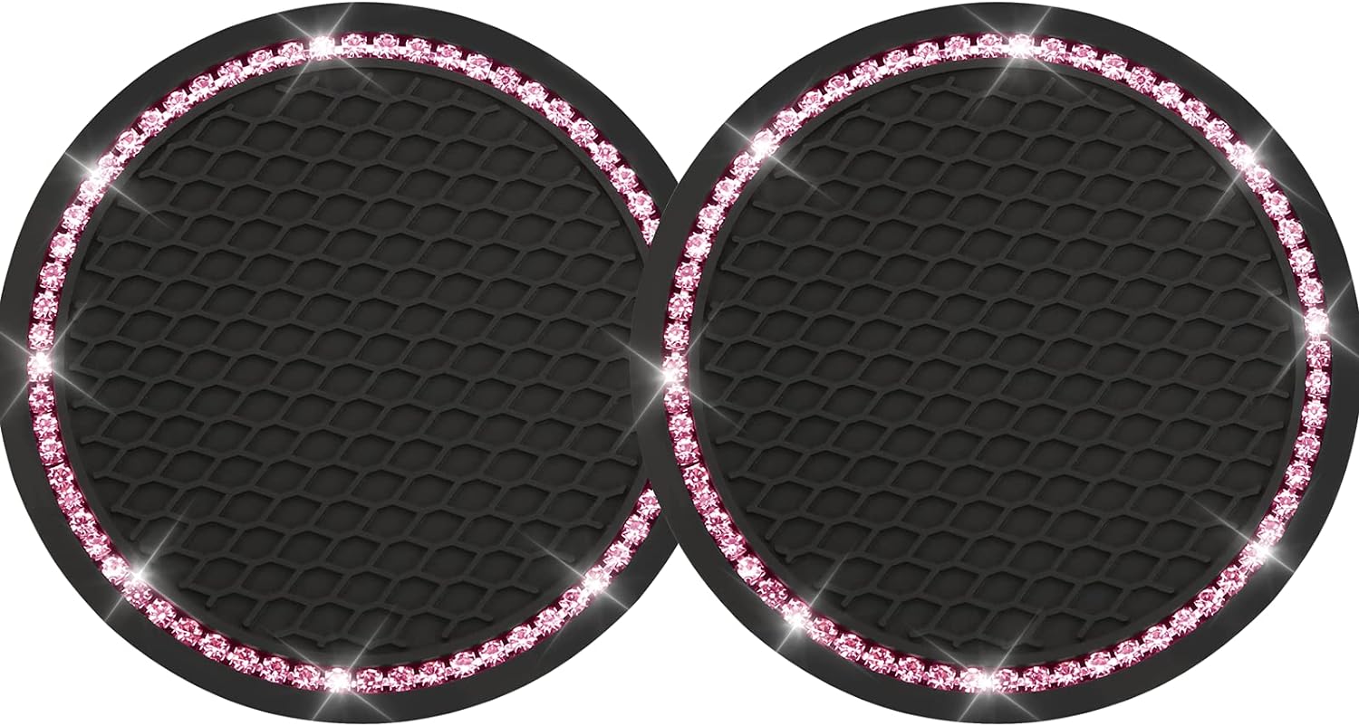 Yousheng 2PCS Bling Car Cup Coaster, Universal Holder Insert Rhinestone Anti Slip Silicone Accessories Suitable for Most Interior, Best Gift Women, Black and Pink