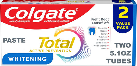 Colgate Total Whitening Fluoride Toothpaste, Mint, 2 Pack, 5.1 oz