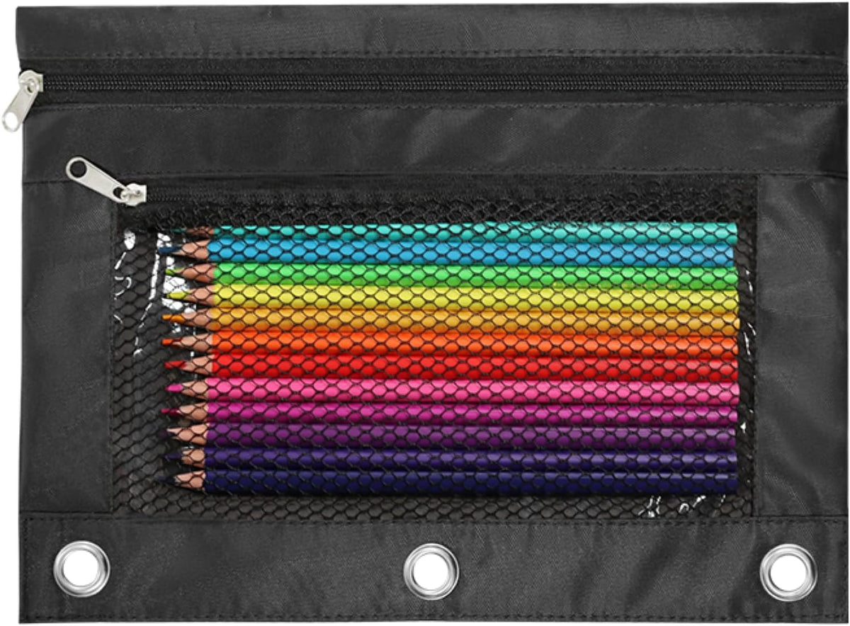 Pencil Pouch for 3 Ring Binder, Heavy Duty Canvas Dual Zipper Pen Bag with Clear Window, Smooth Metal Zipper, Fit Standard 3-Ring Binders for School Office Travel Supplies (Black)