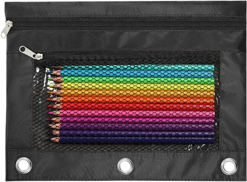 Pencil Pouch for 3 Ring Binder, Heavy Duty Canvas Dual Zipper Pen Bag with Clear Window, Smooth Metal Zipper, Fit Standard 3-Ring Binders for School Office Travel Supplies (Black)