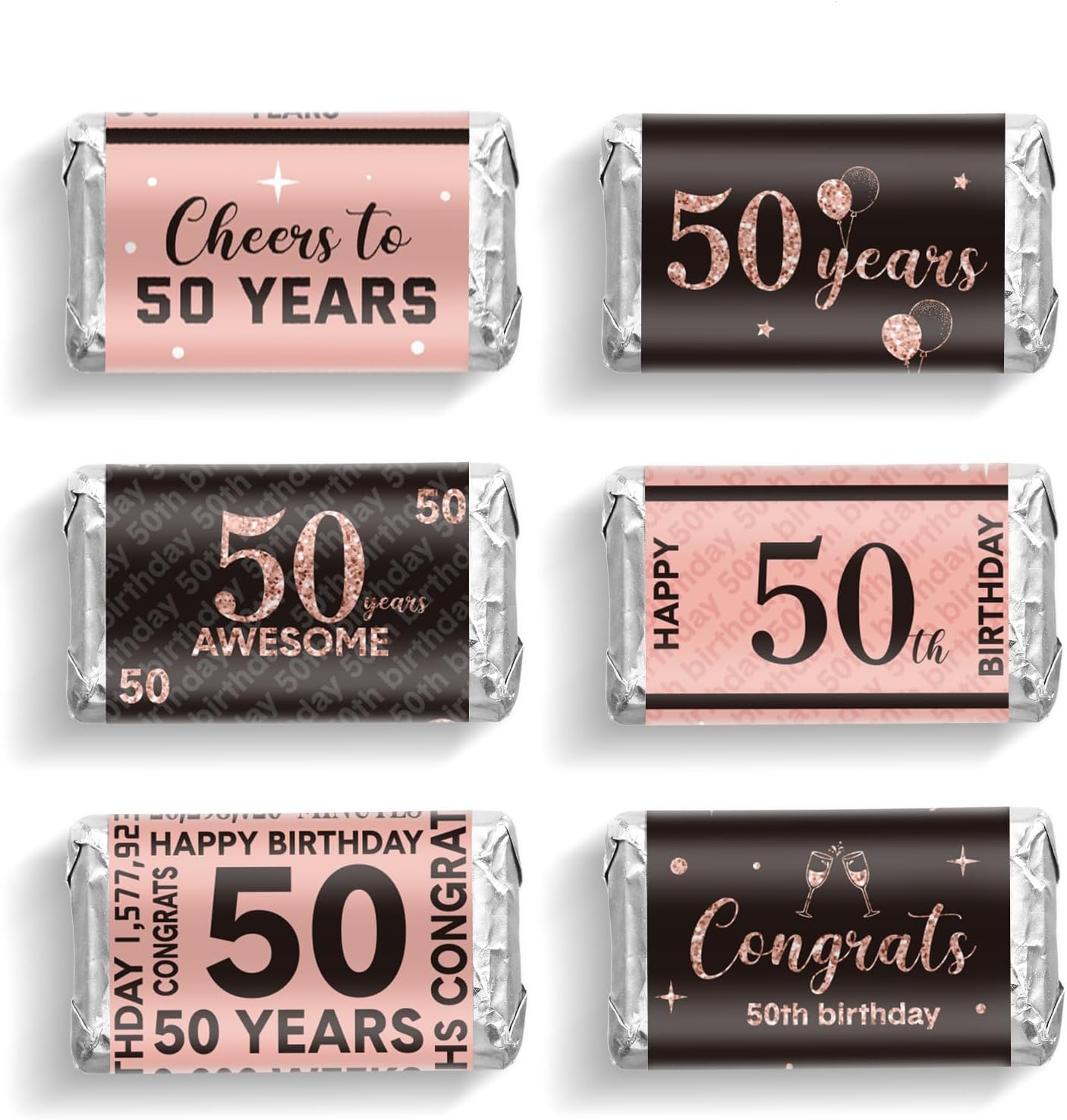 Tenare 90 Pcs 50th Birthday Candy Wrappers, Pink Stickers