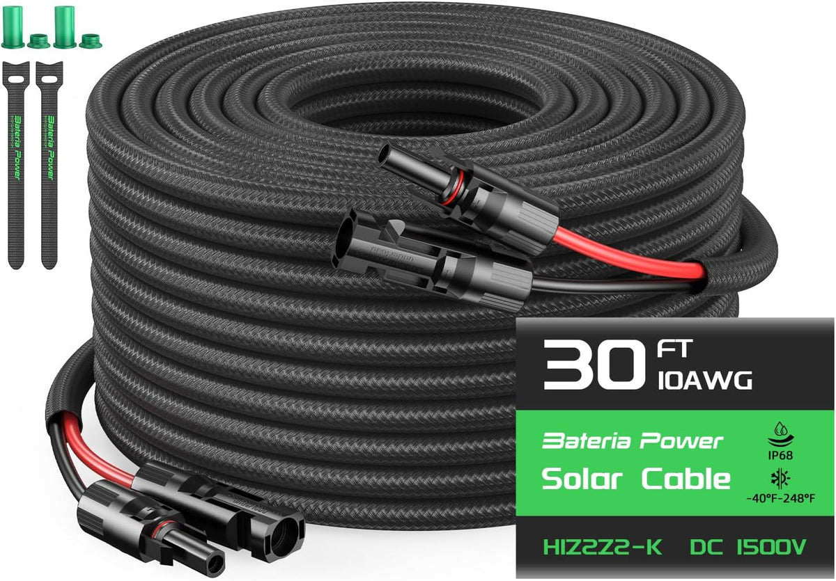 Bateria Power 10AWG 30FT Solar Panel Extension Cable, Flame Retardant Protective Sleeving Twin Wire 10 Gauge Solar Cable with IP68 Female & Male Waterproof Connectors, Dust Caps for Home, RV