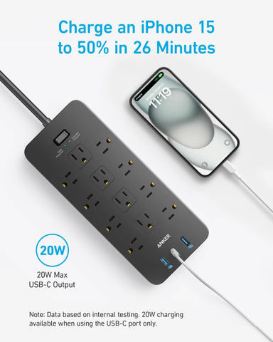 Anker Power Strip with 3 USB Ports，Surge Protector (2100J-10ft)，12 Outlets with 2 USB A Ports and 1 USB C Port,Works with iPhone 15/15 Plus/15 Pro/15 Pro Max,for Home,Office, TUV Listed