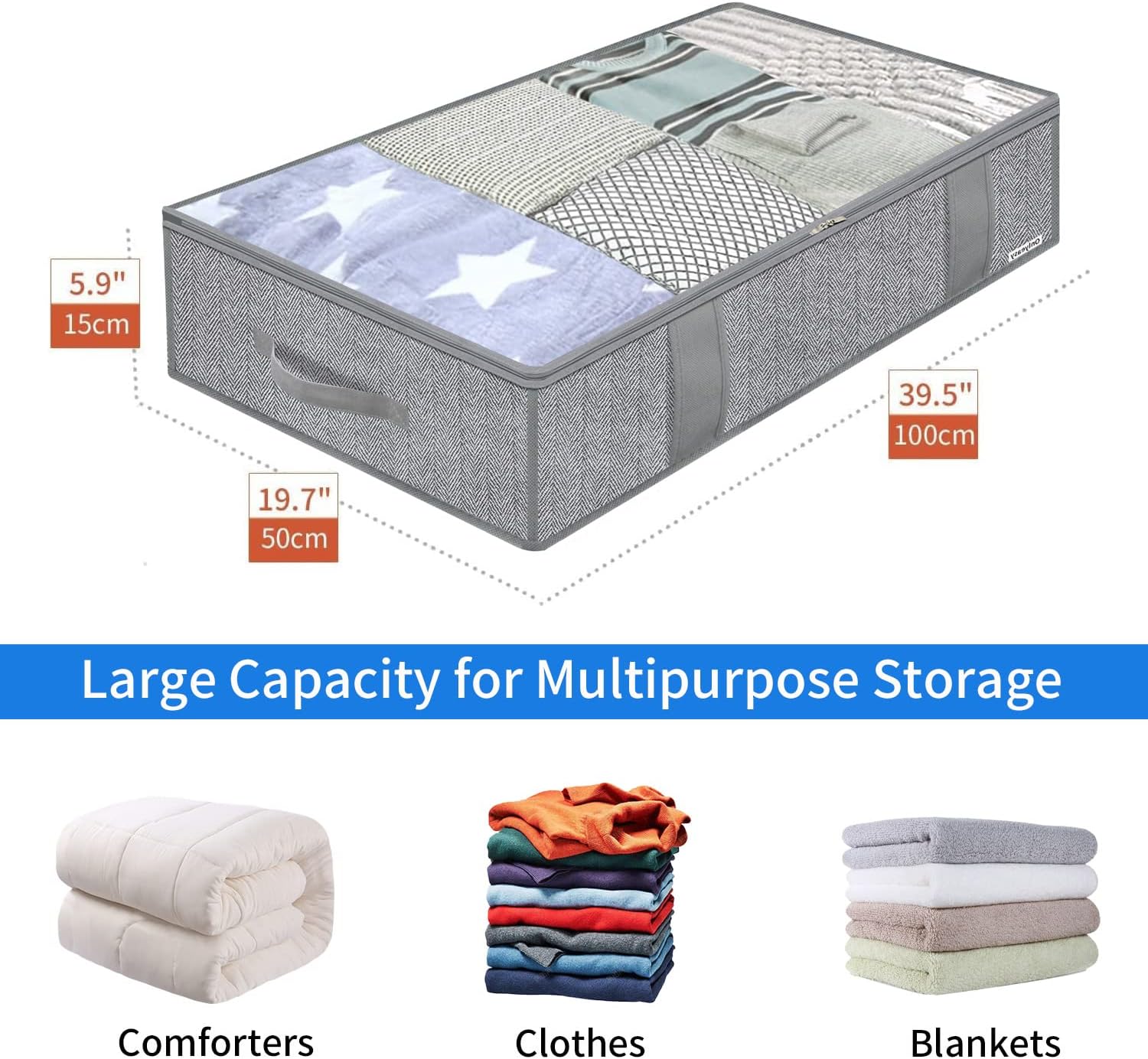 Onlyeasy Large Underbed Storage Bags Organizer Container (2 Pack) with 4 Handles and 2 Sturdy Zippers, Blankets Clothes Comforters Foldable Storage Bags with Clear Window, Herringbone Grey, MXRUBBP2