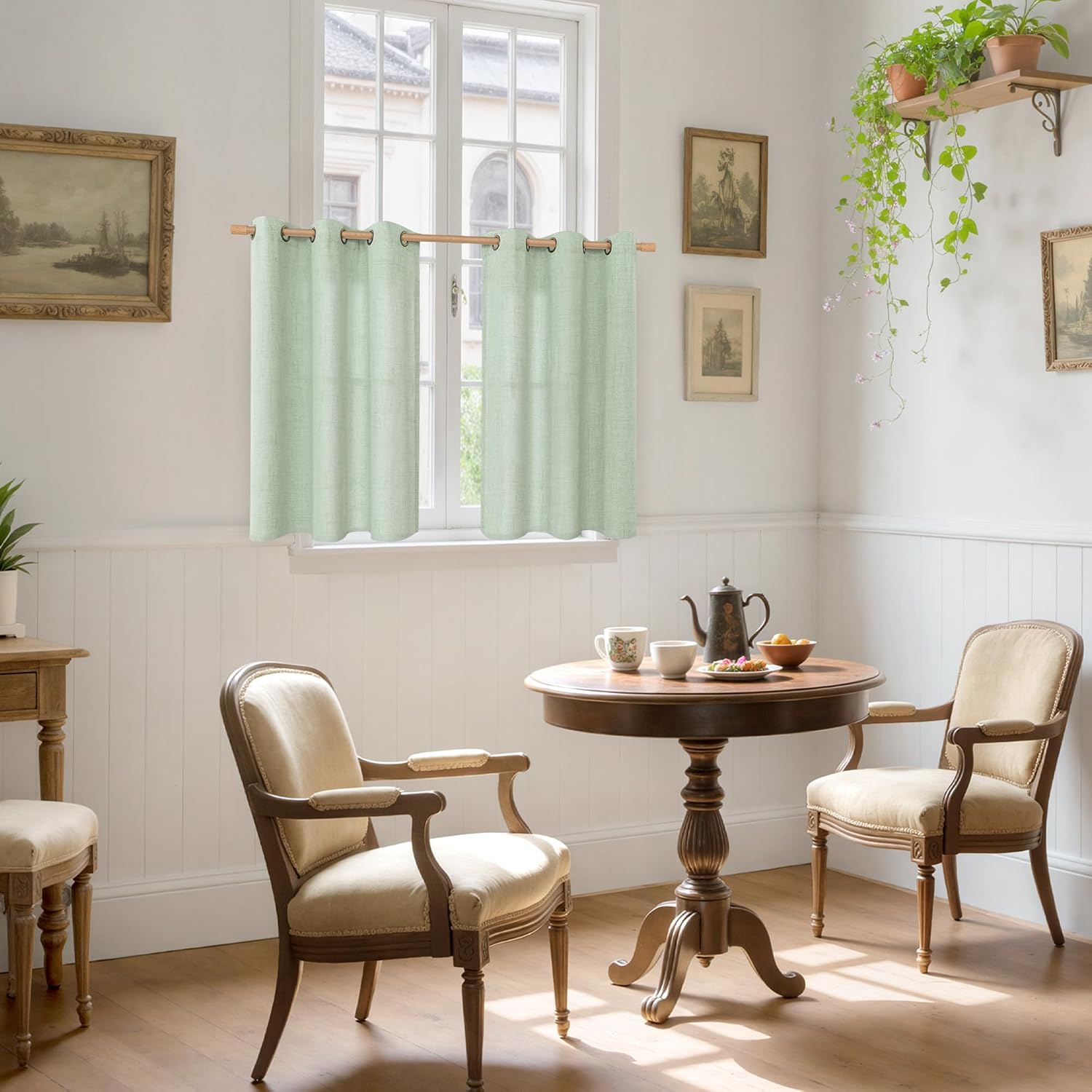 YoungsTex Sage Green Kitchen Window Curtains, Short Linen Drapes with Bronze Grommet Light Filtering Semi Sheer for Bathroom Windows, 42 x 40 Inch, 2 Panels