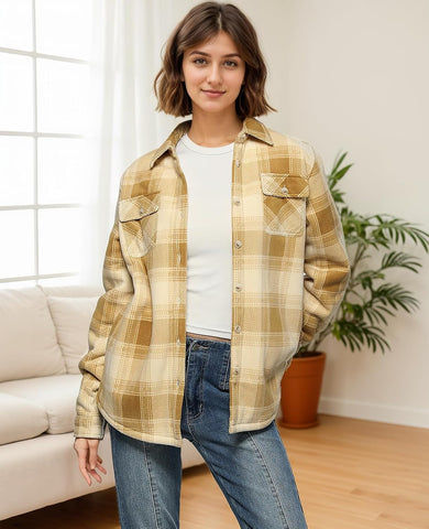 ThCreasa Womens Sherpa lined Button Up Plaid Shacket with Pockets