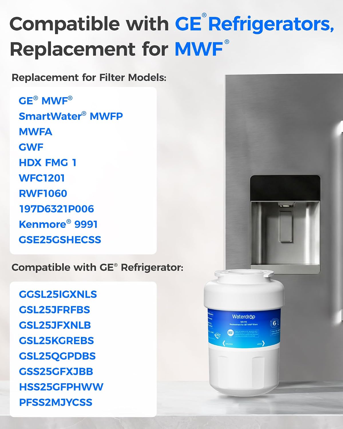 Waterdrop WD-F13 Refrigerator Water Filter, Replacement for GE® MWF®