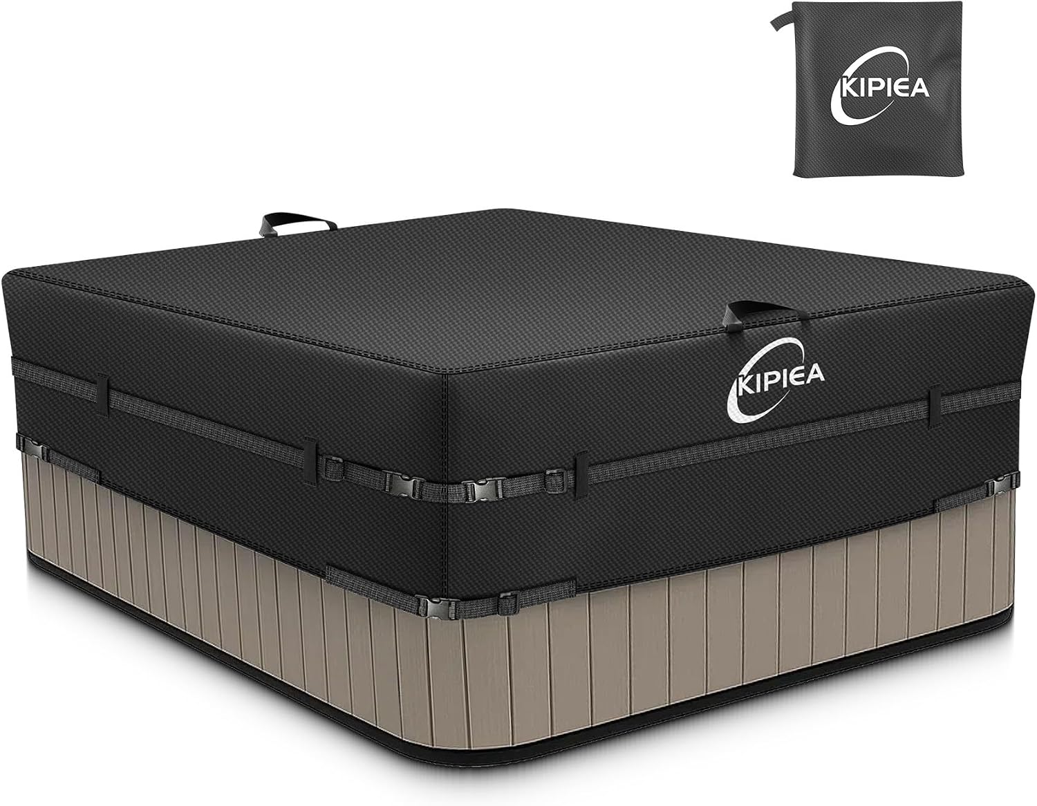 Kipiea 600D Outdoor Waterproof Square Hot Tub Cover Protector, Heavy Duty Polyester SPA Covers UV Protection Cover 88" L x 88" W x 20" H, Black