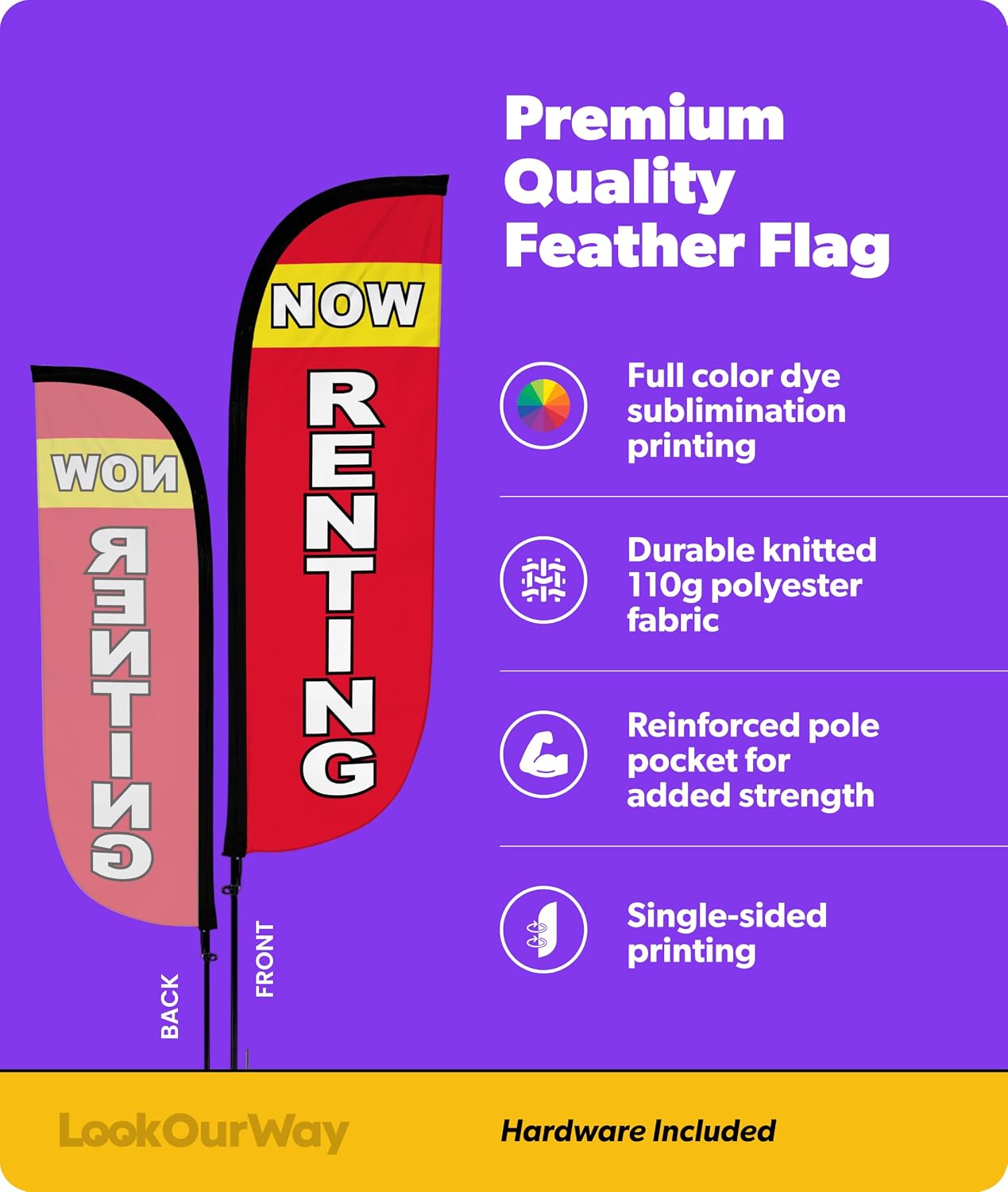 LookOurWay Feather Flag Pole Kit - 7 Feet Tall Advertising Banner with Fiberglass Pole Set and Ground Spike for Business Promotion - Real Estate Flags - Now Renting