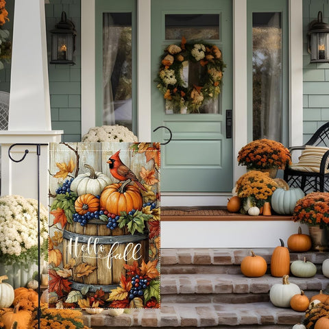 Welcome Fall Cardinal Garden Flag, Autumn Pumpkin Harvest Wooden Barrel Outdoor For Decor, 12x18 Inch Double Sided Burlap Maple Leaf Farmhouse Home Decor Yard Party Thanksgiving Decoration
