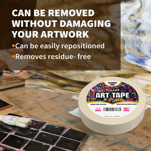 White Art Tape Medium Tack - Masking Artists Tape for Drafting Art Watercolor Painting Canvas Framing - Acid Free 1inch Wide 180FT Long