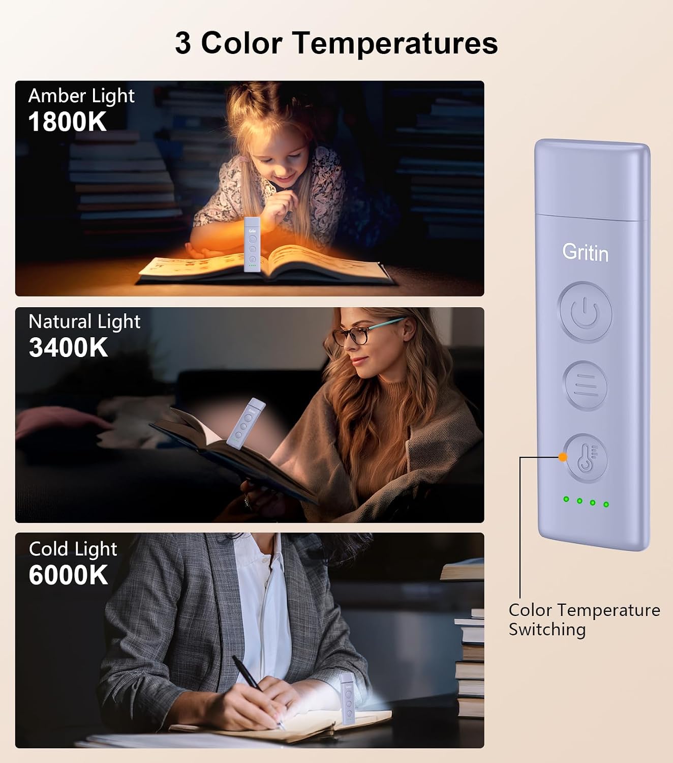 Gritin Book Light Rechargeable, Clip on LED Reading Light for Books in Bed