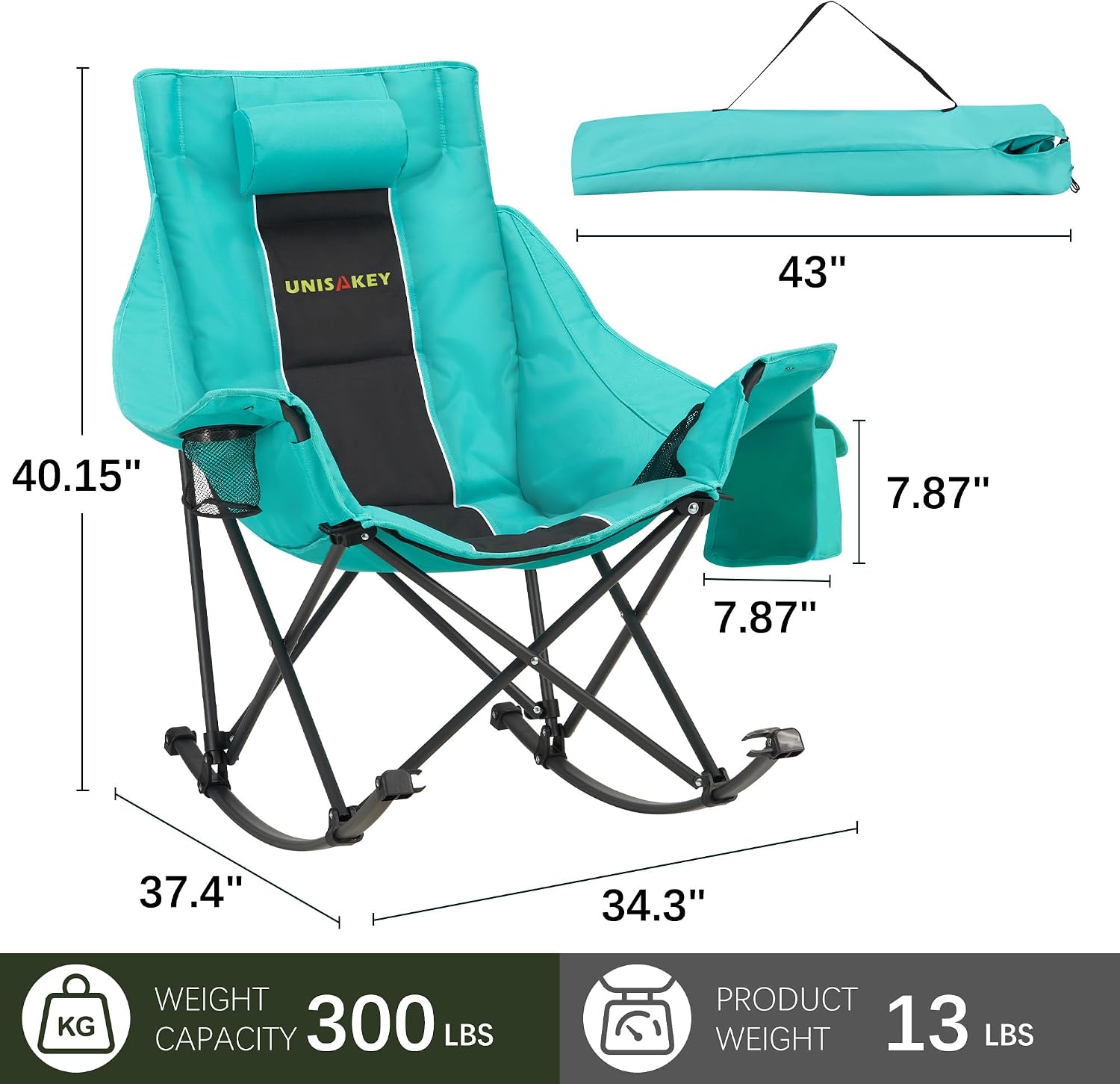 Unisakey Oversize Foldable Rocking Camping Chair300lbs Capacity,Green