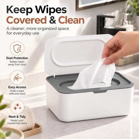 2 Pack Wipes Dispenser, Wipe Holder for Baby & Adult, Seposeve Refillable Wipe Container, Keeps Wipes Fresh, One-Handed Operation. Non-Slip, Easy Open/Close Wipes Pouch Case(2 Grey)