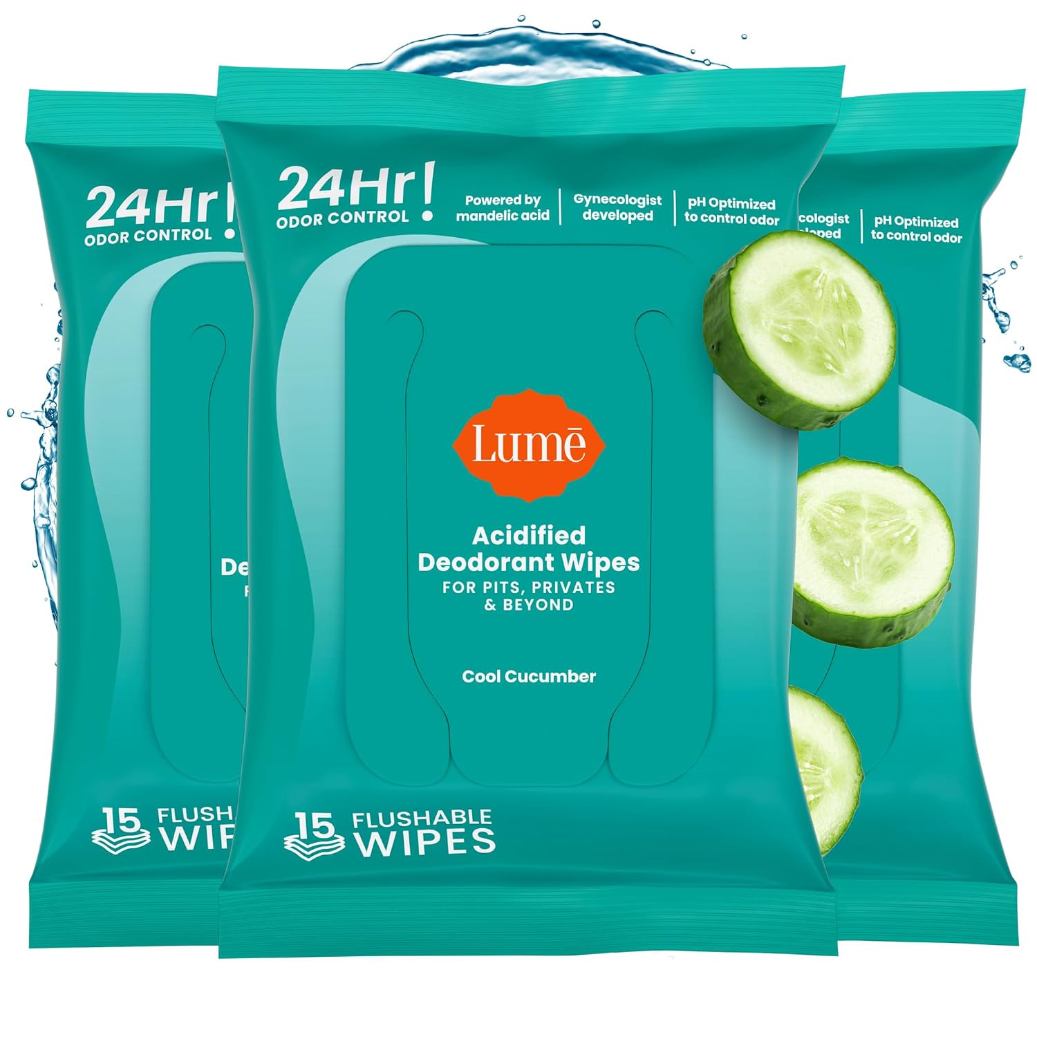 Lume Acidified Deodorant Wipes - 15 ct, 3 pk (Cool Cucumber)