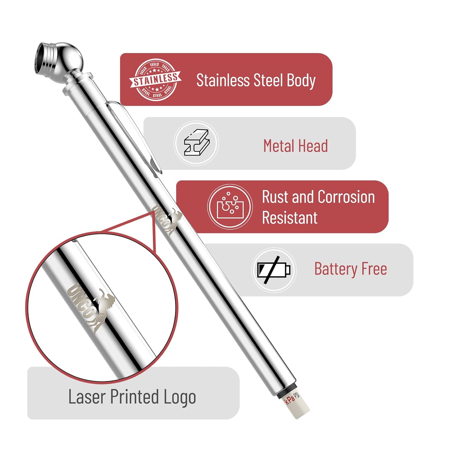 UNCO- Pencil Tire Pressure Gauge, 2 Pack, 10-75 PSI, Stainless Steel Body