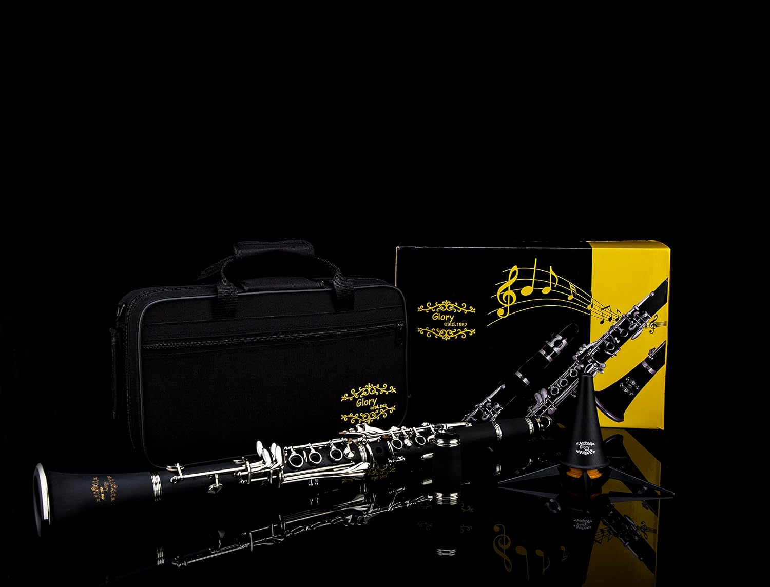 Glory GLY-PBK Professional Ebonite Bb Clarinet with 10 Reeds, Stand, Hard Case, Cleaning Cloth, Cork grease, Mouthpiece Brush and Pad Brush, Black