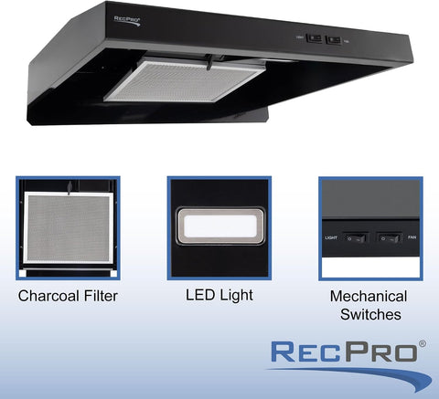 RecPro RV Range Hood | Charcoal Filter & LED Light | Black