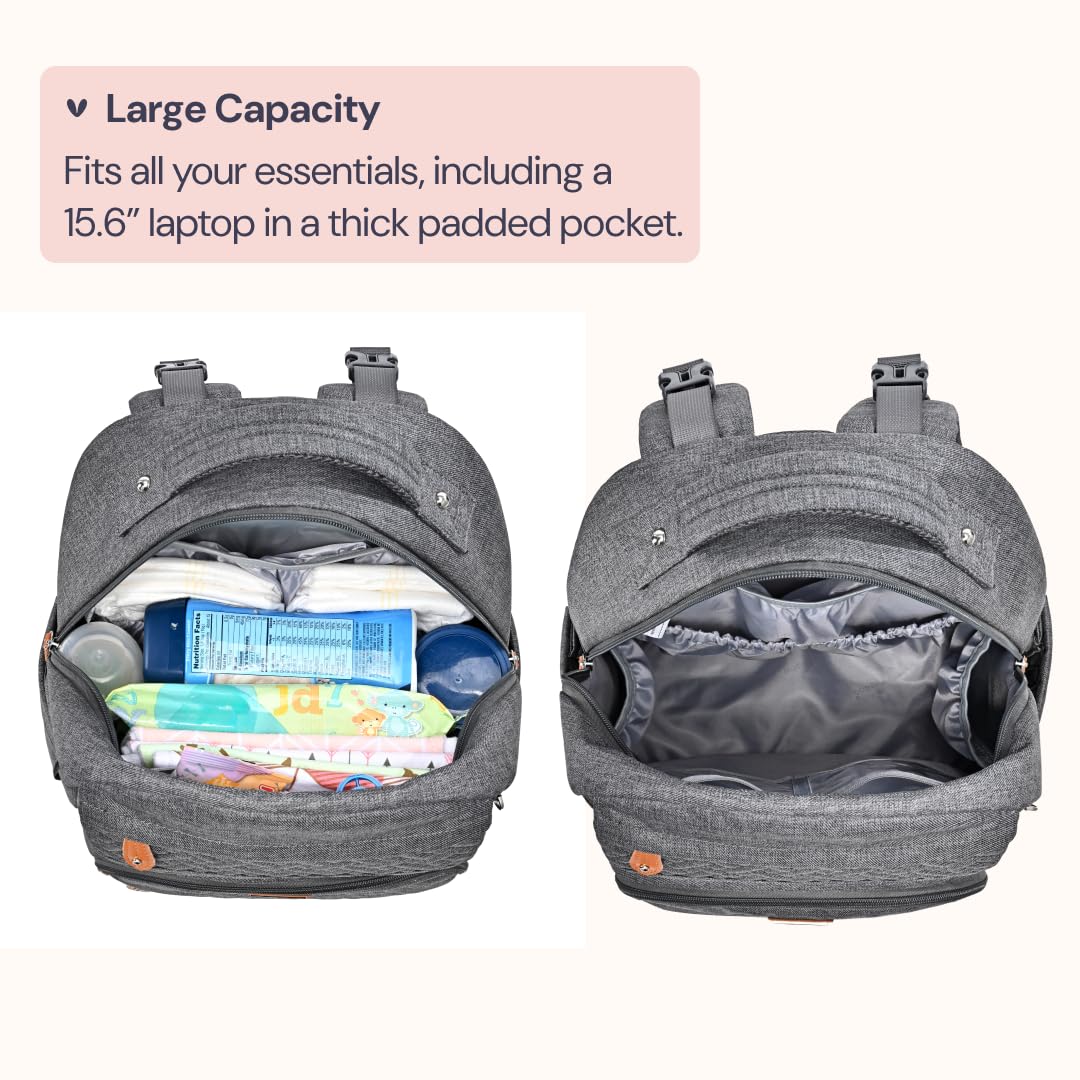 BabbleRoo Diaper Bag Backpack - Travel Large Baby Diaper Bag with Changing pad, Waterproof Baby Bags for Mom & Dad, Unisex Bags with Pacifier Case, Luggage Strap & Stroller Clips - Dark Gray