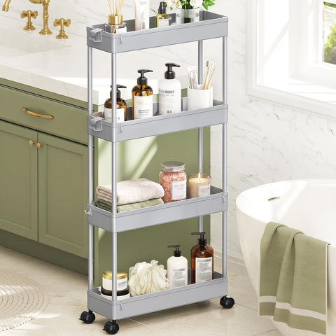 SPACEKEEPER Slim Rolling Storage Cart, 4 Tier Bathroom Cart Organizer, Gray