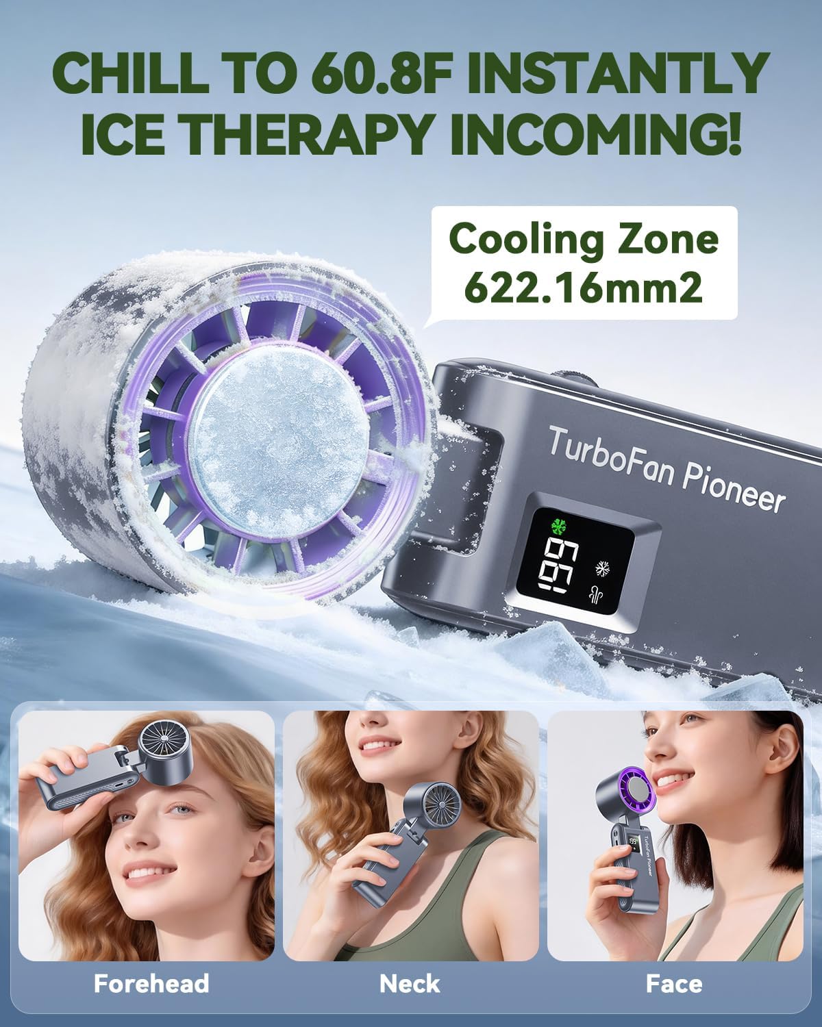 Portable Handheld Fan with Ice Cooling, 7.5m/s High Speed Turbo Fan, 150° Foldable 4-in-1 Personal Neck Fan, 199 Speed Stepless Control, USB-C Rechargeable for Travel, Makeup, Hiking,Grey
