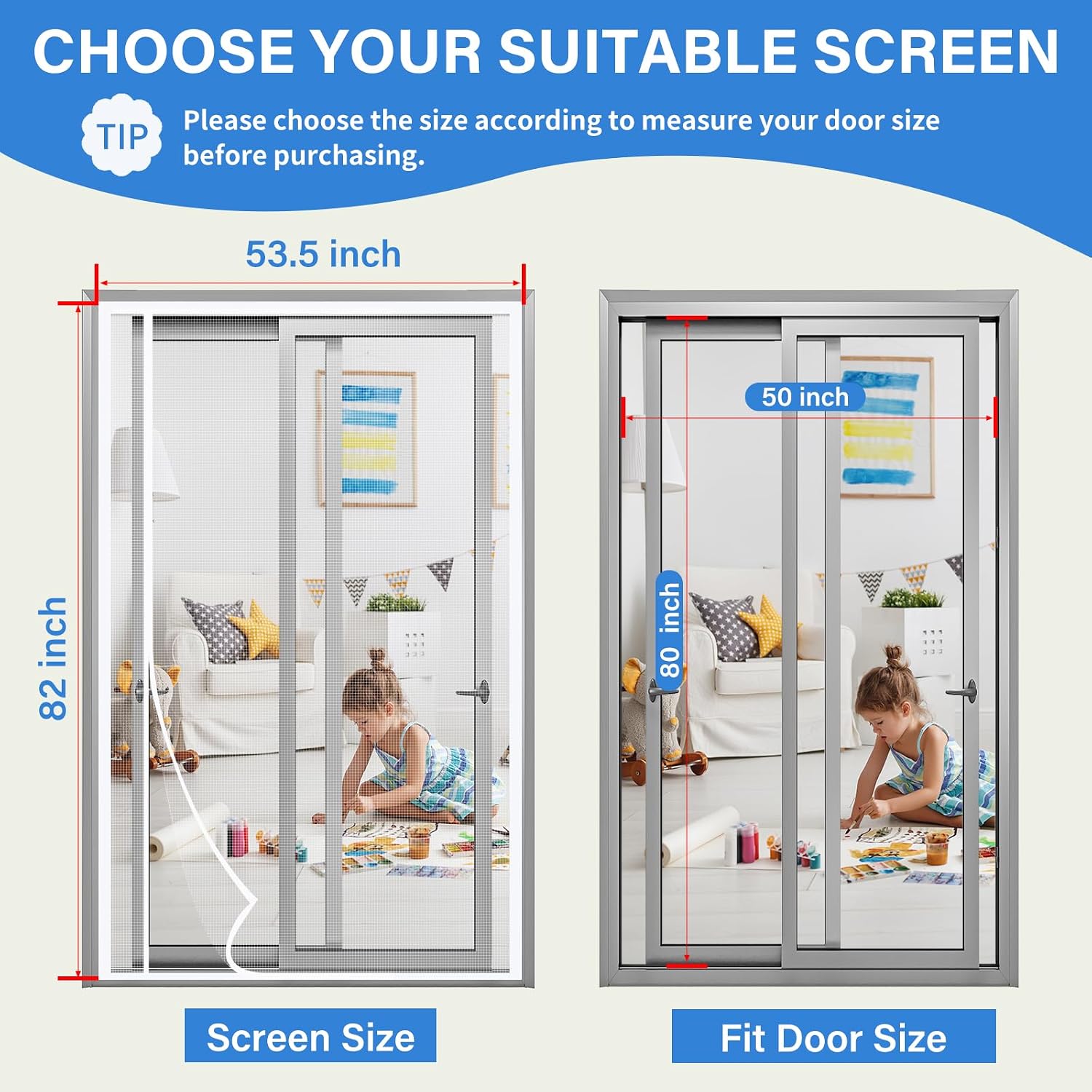 Magnetic Screen Door Left Right Side Opening Upgraded PET Mesh Greater Than Fiberglass and Polyester,Keep Bugs Out,Pet & Kid Friendly,Suitable for Sliding Doors,Patio French Doors-50" X 80"