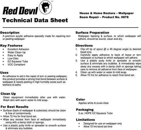 Red Devil 0878 Wallpaper Seam Repair, Wallpaper Adhesive, House & Home Restore Premium Wall Paper Glue & Paste, Clear, 5 oz