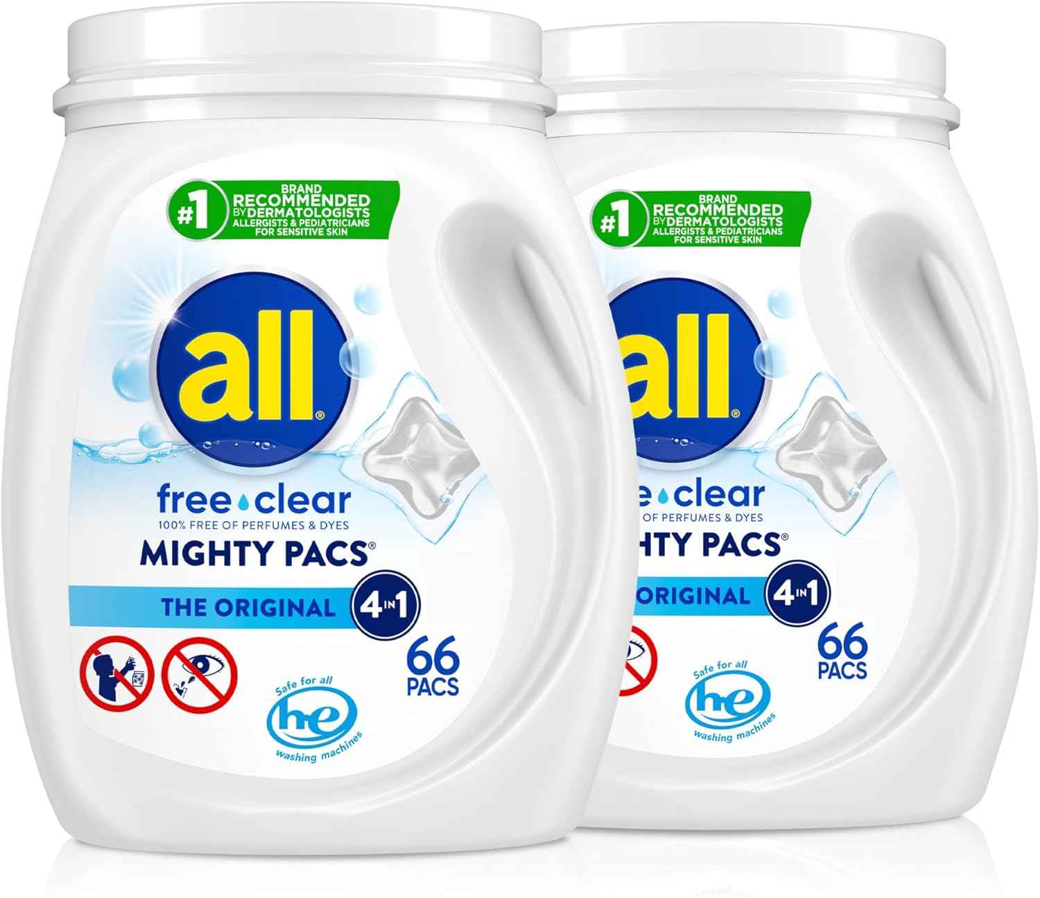 all free clear Laundry Detergent Pacs for Sensitive Skin, 66 Count, 2-Pack | Reduces static cling, hypoallergenic and gentle, dye free, dermatologist recommended, fragrance free