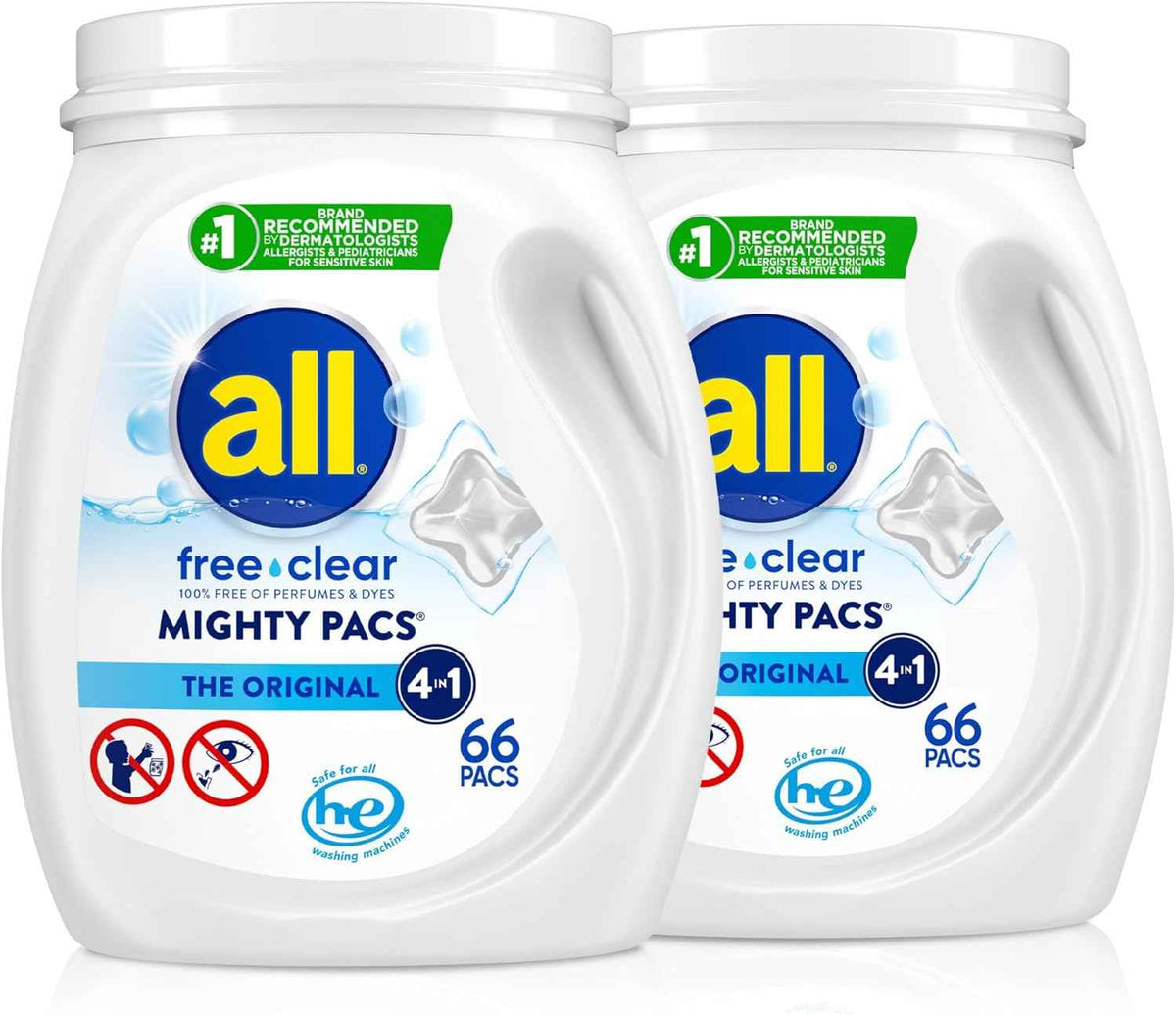 all free clear Laundry Detergent Pacs for Sensitive Skin, 66 Count, 2-Pack | Reduces static cling, hypoallergenic and gentle, dye free, dermatologist recommended, fragrance free