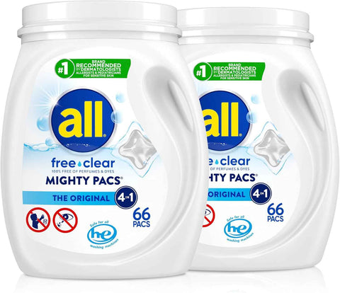 all free clear Laundry Detergent Pacs for Sensitive Skin, 66 Count, 2-Pack | Reduces static cling, hypoallergenic and gentle, dye free, dermatologist recommended, fragrance free