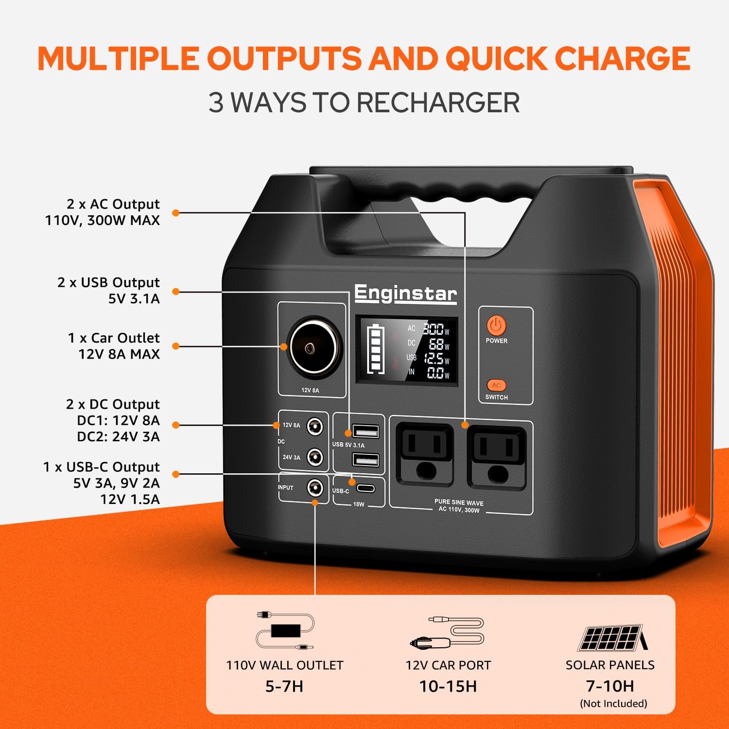 EnginStar Portable Power Station 300W 296Wh Solar Generator