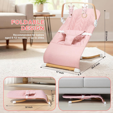 Portable Baby Bouncer, Bouncer Seat for Babies 0-12 Months, 3 Recline Positions, Foldable Baby Rocker Chair with Removable Wooden Bar, Pink