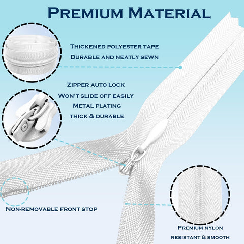 ANPURZII 2PCS #3 18 Inch White Invisible Zippers for Sewing Skirts, Nylon Coil Bulk Zippers for Pocket, Pillow(White 18" 2PCS)