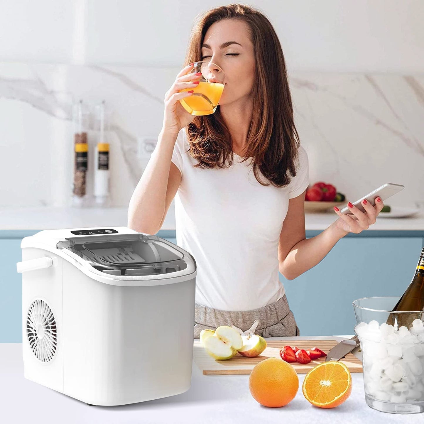 Countertop Portable Ice Maker Machine with Handle, 9 Bullet-Shaped Ice Cubes Ready in 6 Mins, 26Lbs/24H, Self-Cleaning Function with Ice Scoop and Basket for Home/Kitchen/Party (White)