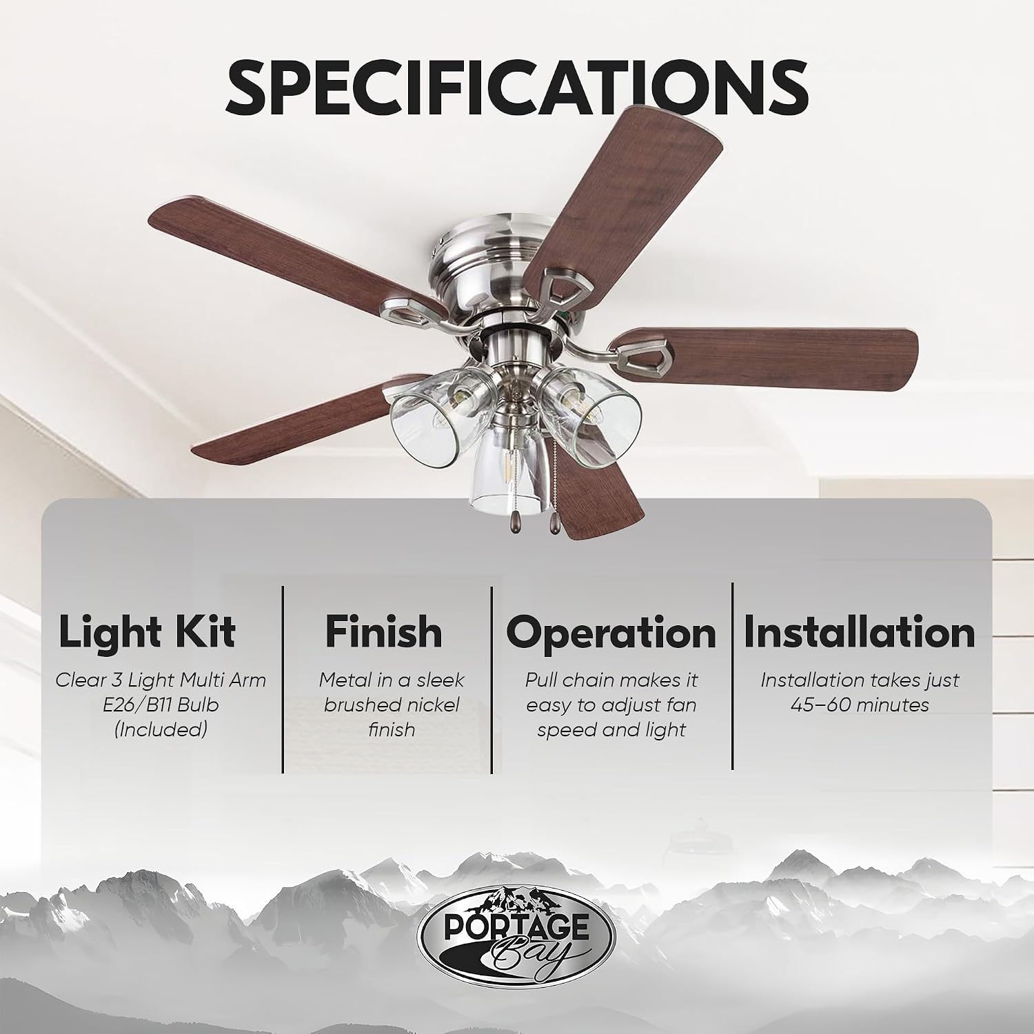 Portage Bay Renton 42" Ceiling Fan with LED Light, Brushed Nickel