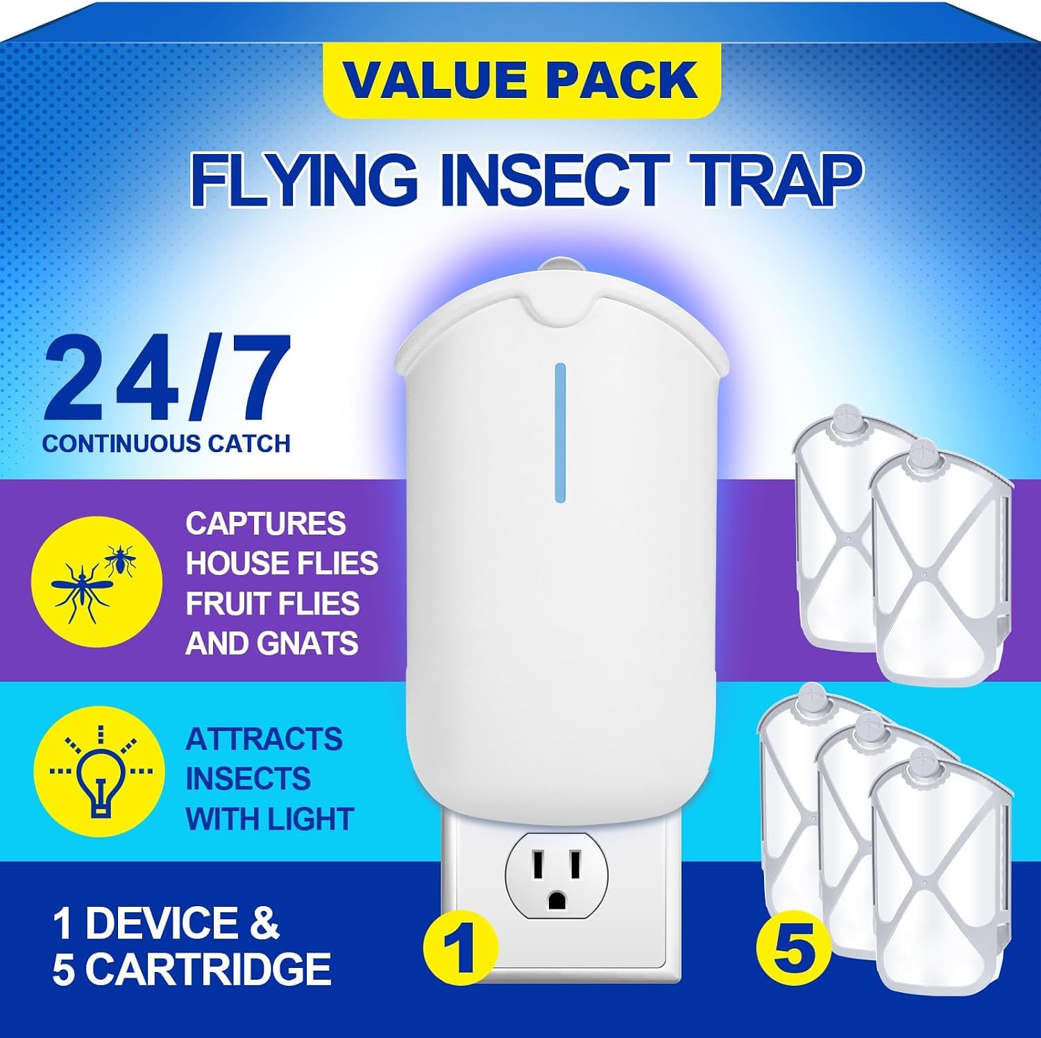 Flying Insect Trap & 5 Cartridges - Compatible with Refills