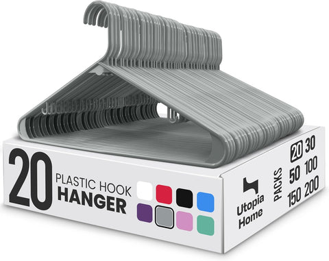 Utopia Home Plastic Hangers 20 Pack – Built-in Strap Hooks Grey