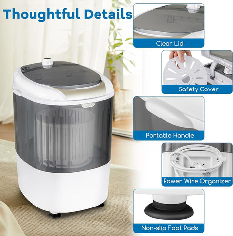 COSTWAY Mini Portable Washing Machine, 5.5 lbs Washing Capacity, Compact Laundry Washer with Durable Design, Single Tub, Rotary Controller, Small Washer Machine for Home Apartment Dorms and RV, Grey