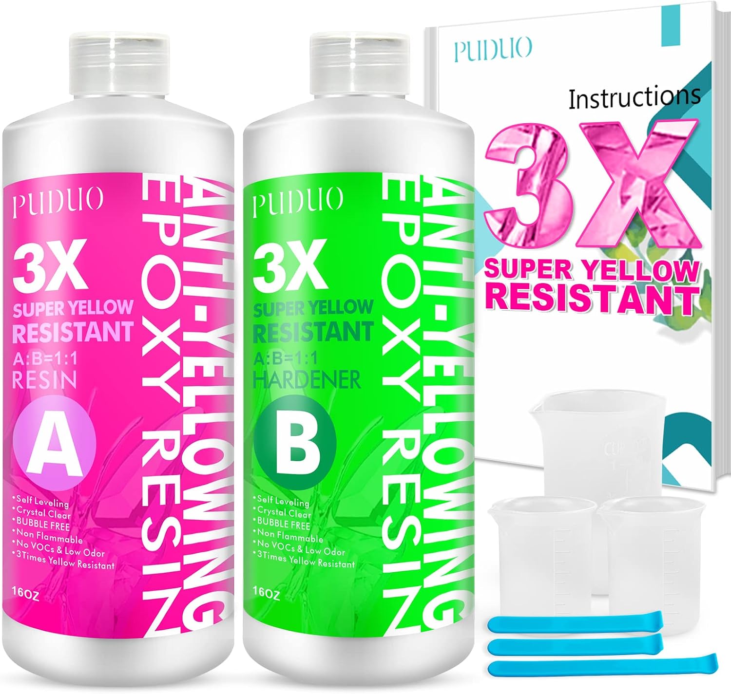 Puduo Epoxy Resin Crystal Clear Kit, Super Anti-Yellowing Craft Resin 32OZ