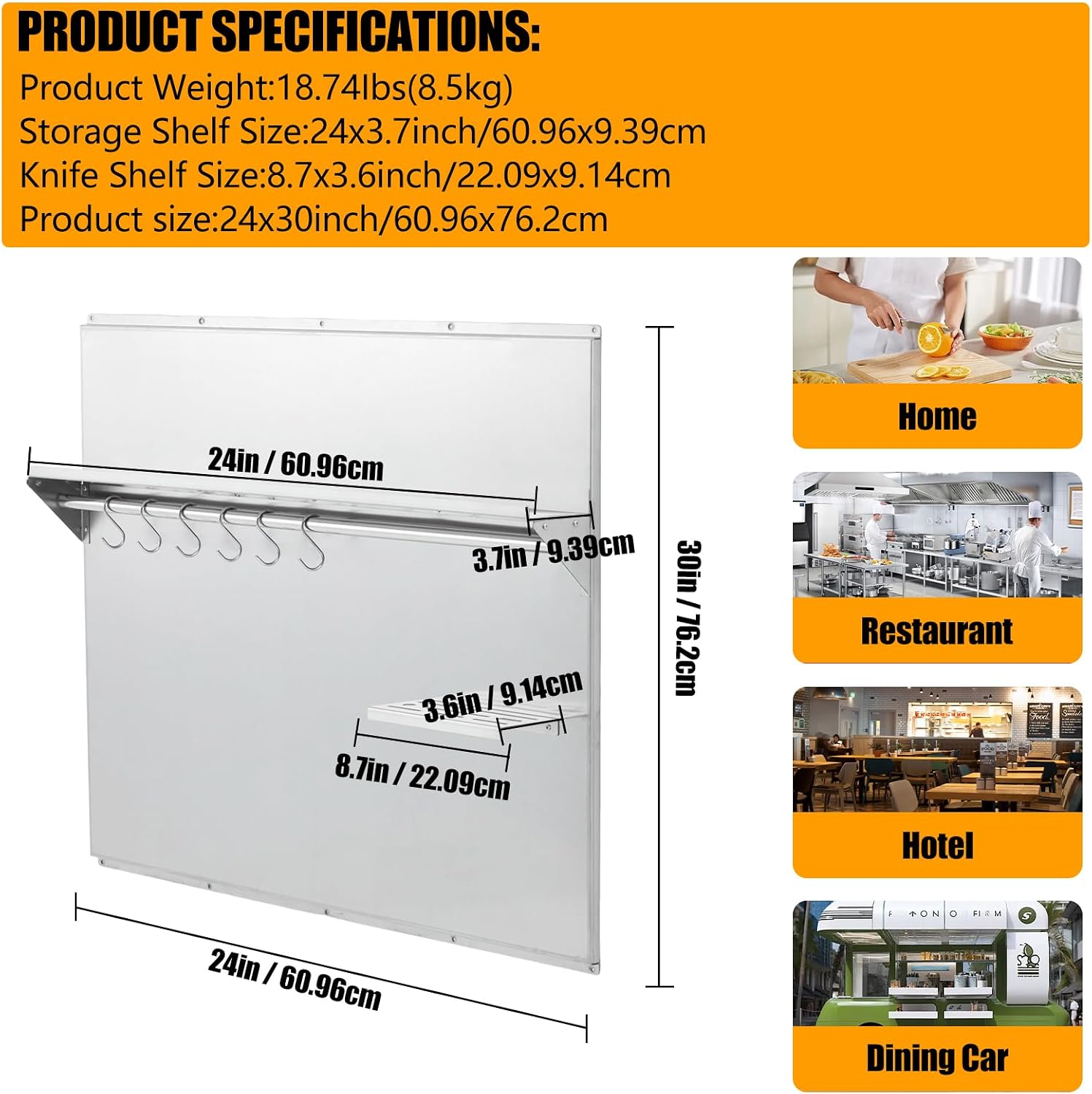 24"x30" Stainless Steel Range Backsplash for Stove Hood, Wall Mount Panel with Storage Shelf & Knife Rack, Commercial Grade, Pre-Drilled Holes for Easy Installation & Cleaning