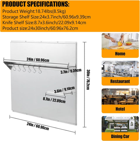 24"x30" Stainless Steel Range Backsplash for Stove Hood, Wall Mount Panel with Storage Shelf & Knife Rack, Commercial Grade, Pre-Drilled Holes for Easy Installation & Cleaning