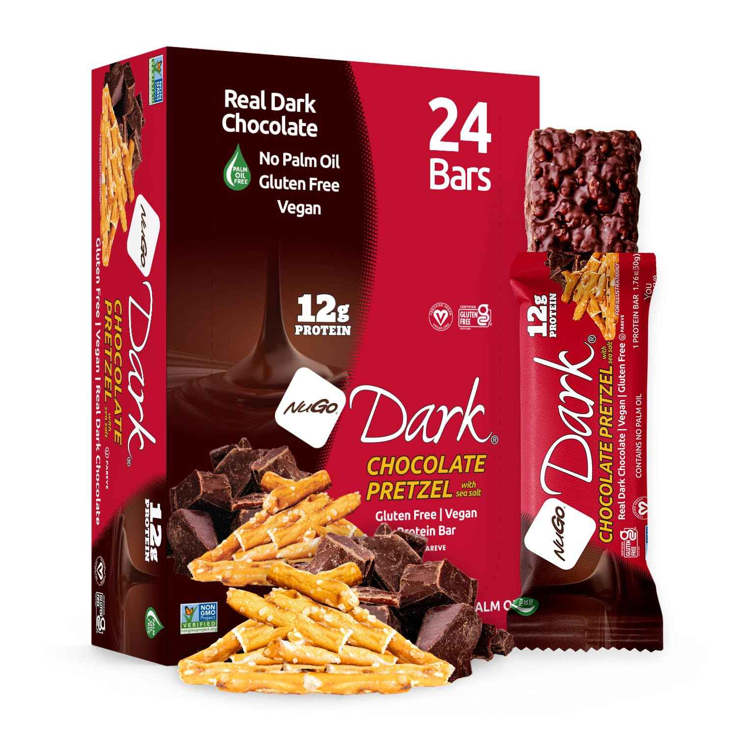 NuGo Dark, Pretzel w/SS, 12g Vegan Protein Bar, Gluten Free, 24 Count