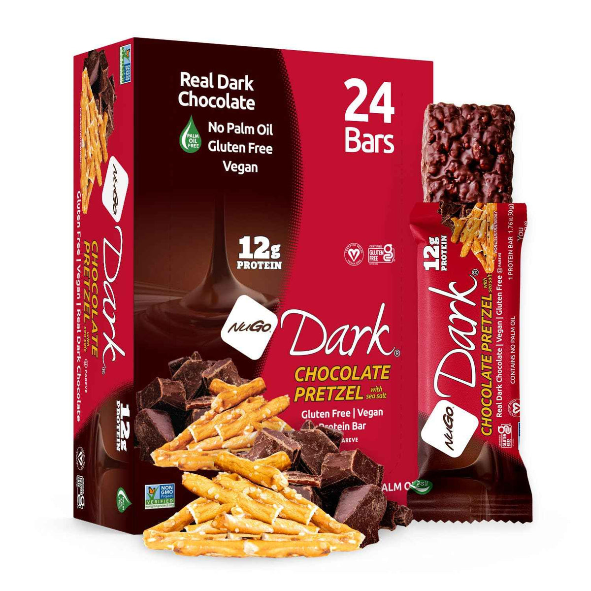 NuGo Dark, Pretzel w/SS, 12g Vegan Protein Bar, Gluten Free, 24 Count