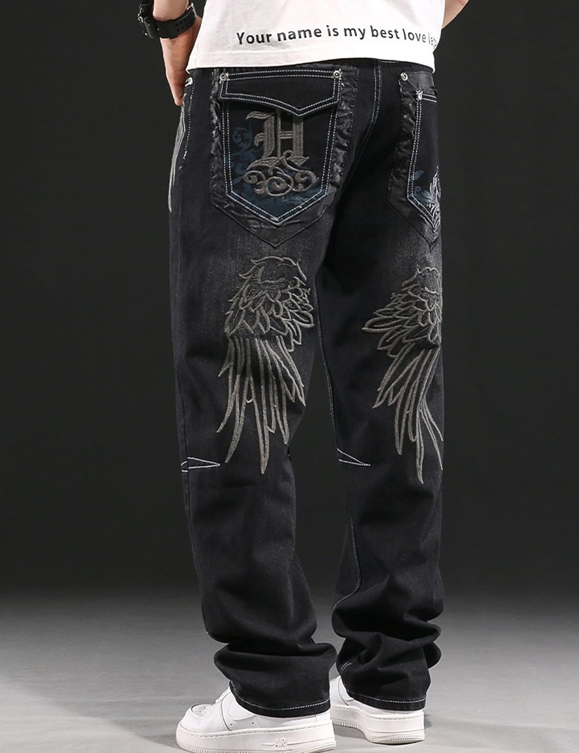 Y2k Skateboard Pants Hip Hop Embroidered Jeans Men Baggy Denim Jeans Vintage Graphic Relaxed Loose Fit Cargo Black Trousers