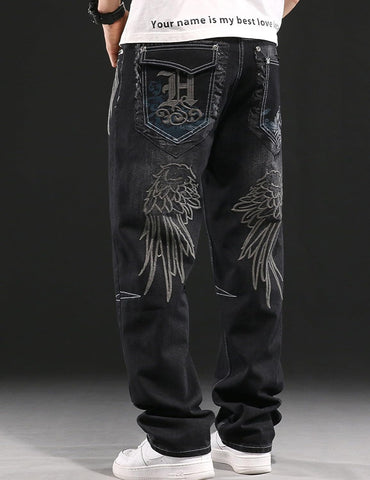 Y2k Skateboard Pants Hip Hop Embroidered Jeans Men Baggy Denim Jeans Vintage Graphic Relaxed Loose Fit Cargo Black Trousers