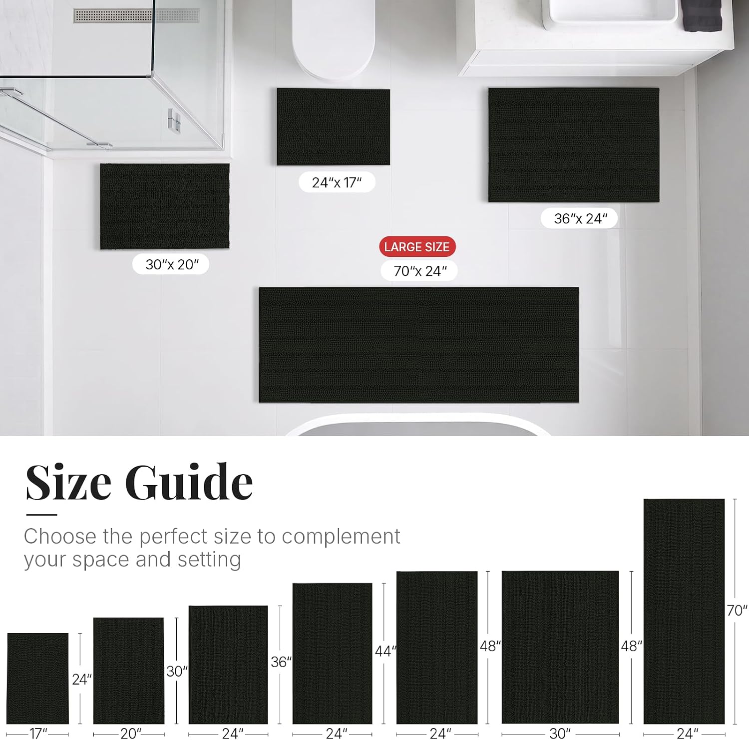 Bcoimo Bath Rug Mat, 70x24 Chenille Non Slip Black Long Bathroom Runner Rug