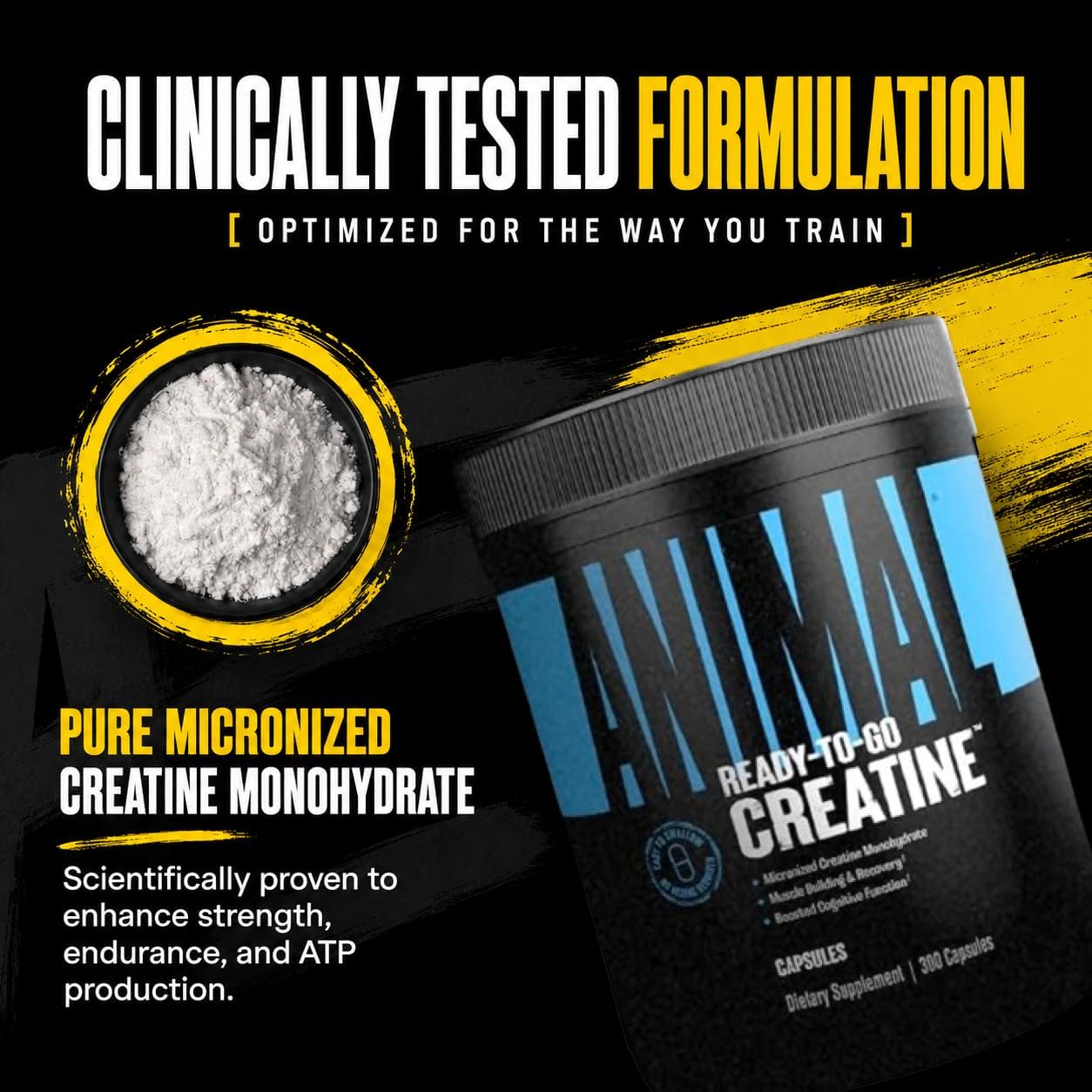 Animal Micronized Creatine Monohydrate Capsules - 300 Caps, 2500mg per Serving to Support Muscle Growth, Endurance, ATP Production, Cognitive Function, Strength, Recovery, and Delay Muscle Fatigue
